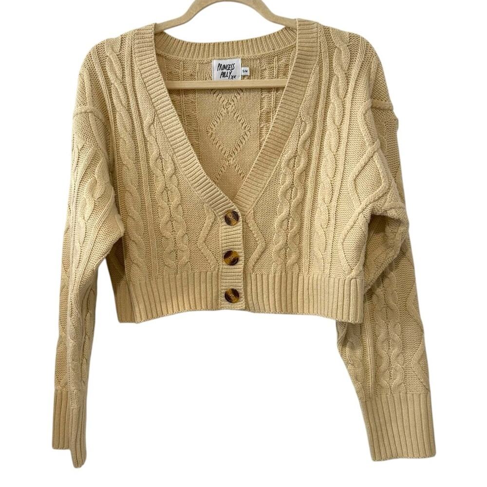 Princess Polly S/M Tan Cable Knit Cropped Button Front Cardigan Sweater